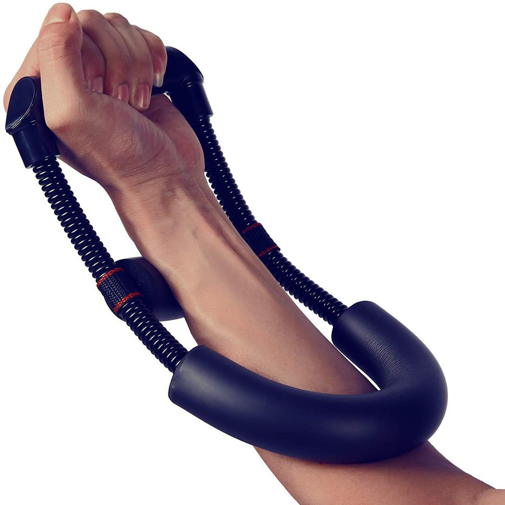 Dark blue wrist forearm grip trainer with spring coils and padded U handles