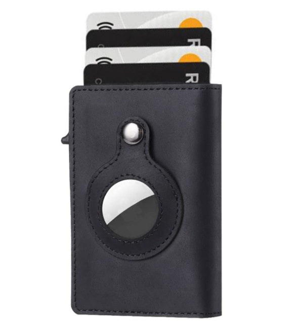 Men's slim card wallet in black with round tag holder and metal top rivet.