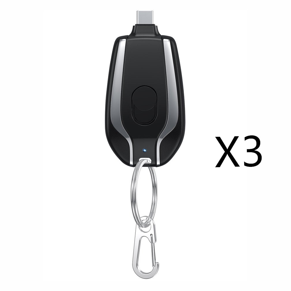 Mini keychain power bank pod with charging port and metal carabiner, dark black case
