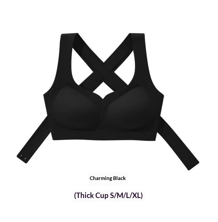 Black front-closure posture bra with crisscross back straps and thicker padded cups