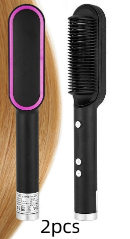 Two-piece hot comb hair brush set: black and purple handles with heated combs
