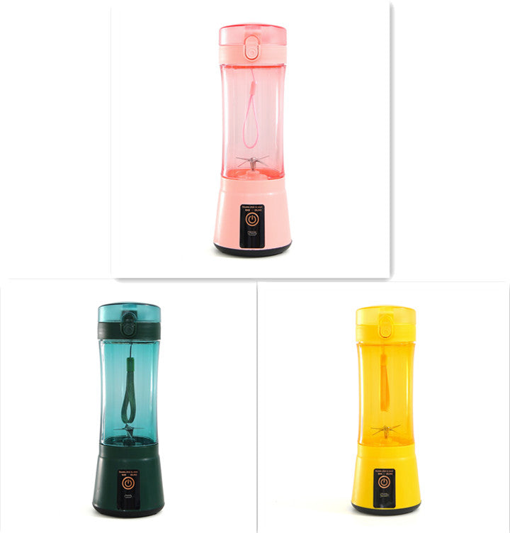 Portable electric fruit juicer blender set in pink, teal, and yellow with black bases.