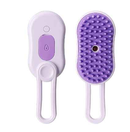 Purple electric pet grooming steam brush with raised nodule pad and white handle.