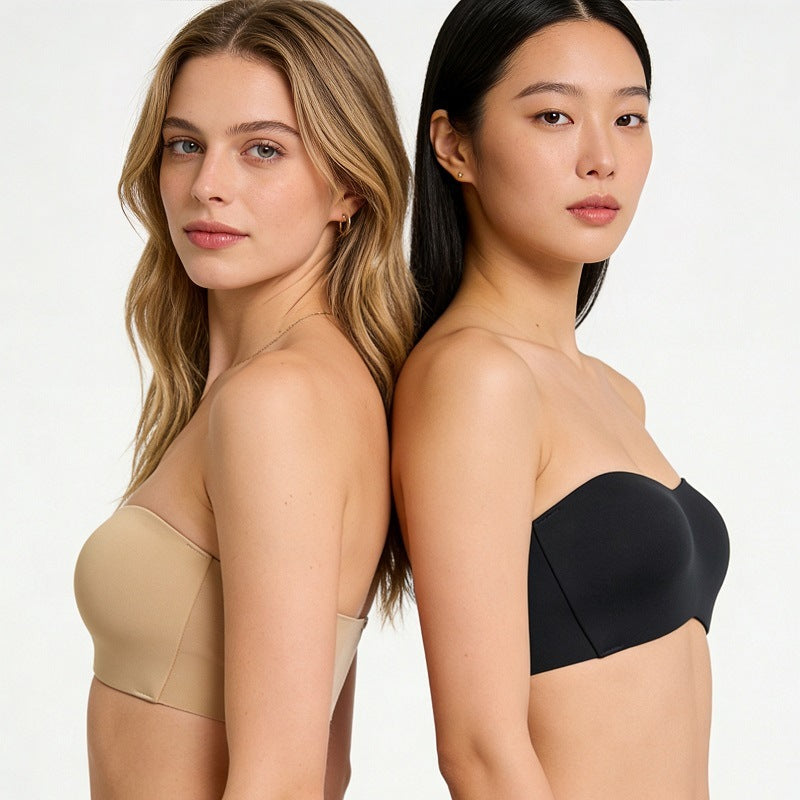 Multi-wear detachable shoulder strap bra in beige and black, strapless bandeau style