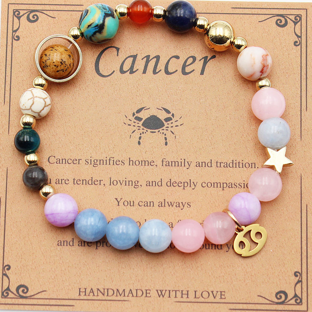 Cancer zodiac beaded bracelet, pink and blue beads with gold star charm