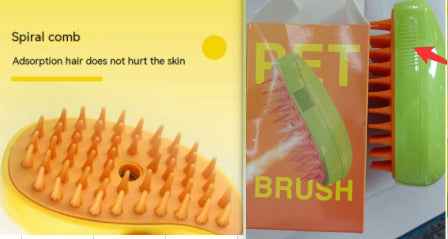 Yellow spiral comb and green pet brush set shown in packaging