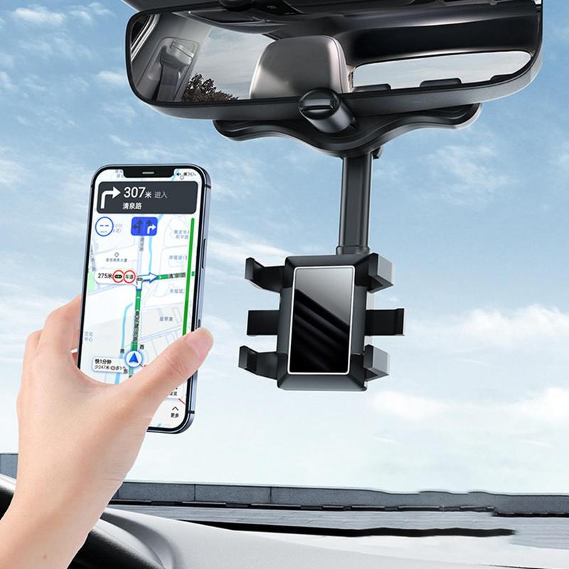Black rearview mirror phone holder with smartphone held by side grippers