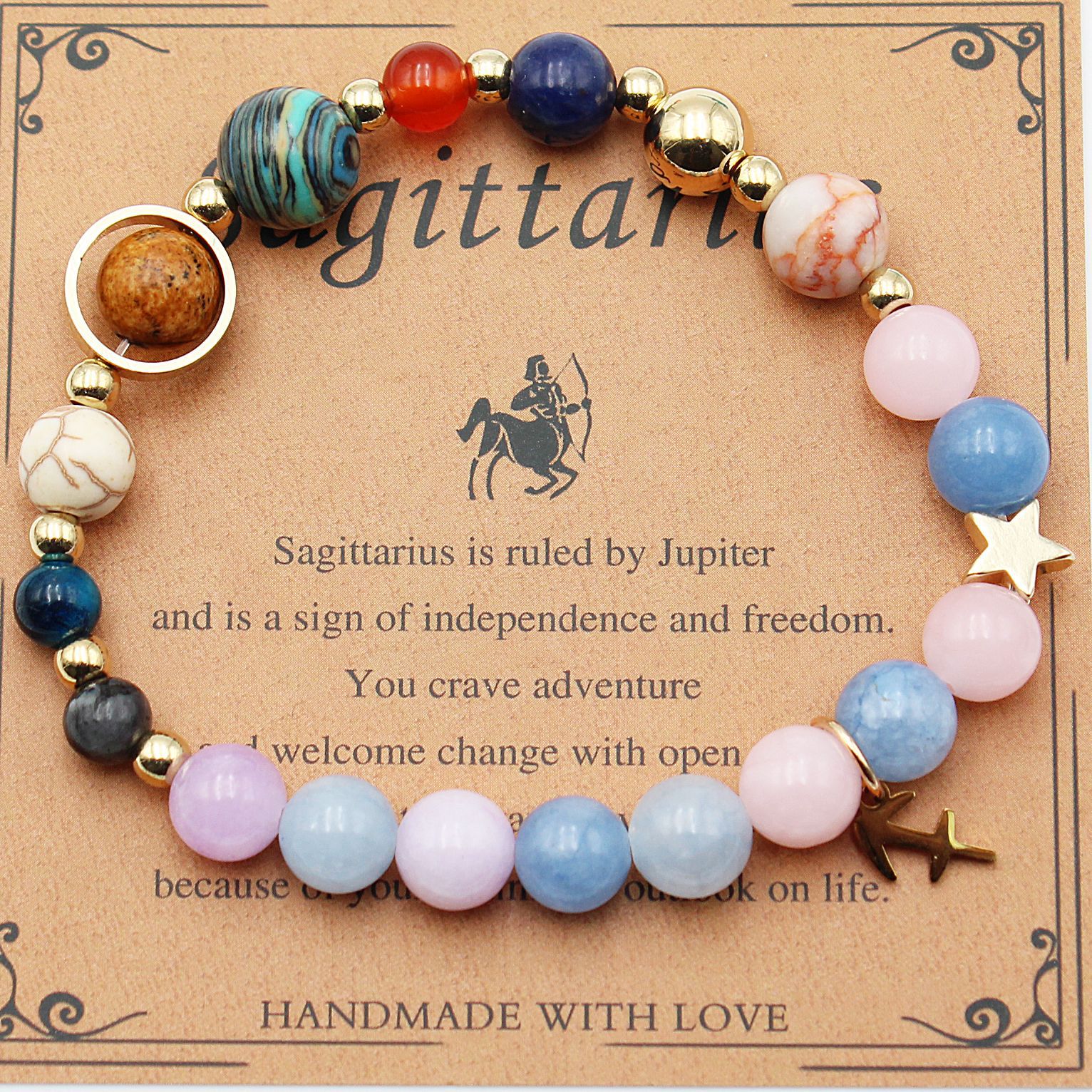 Sagittarius zodiac beaded bracelet with light blue and pink beads, gold star charm