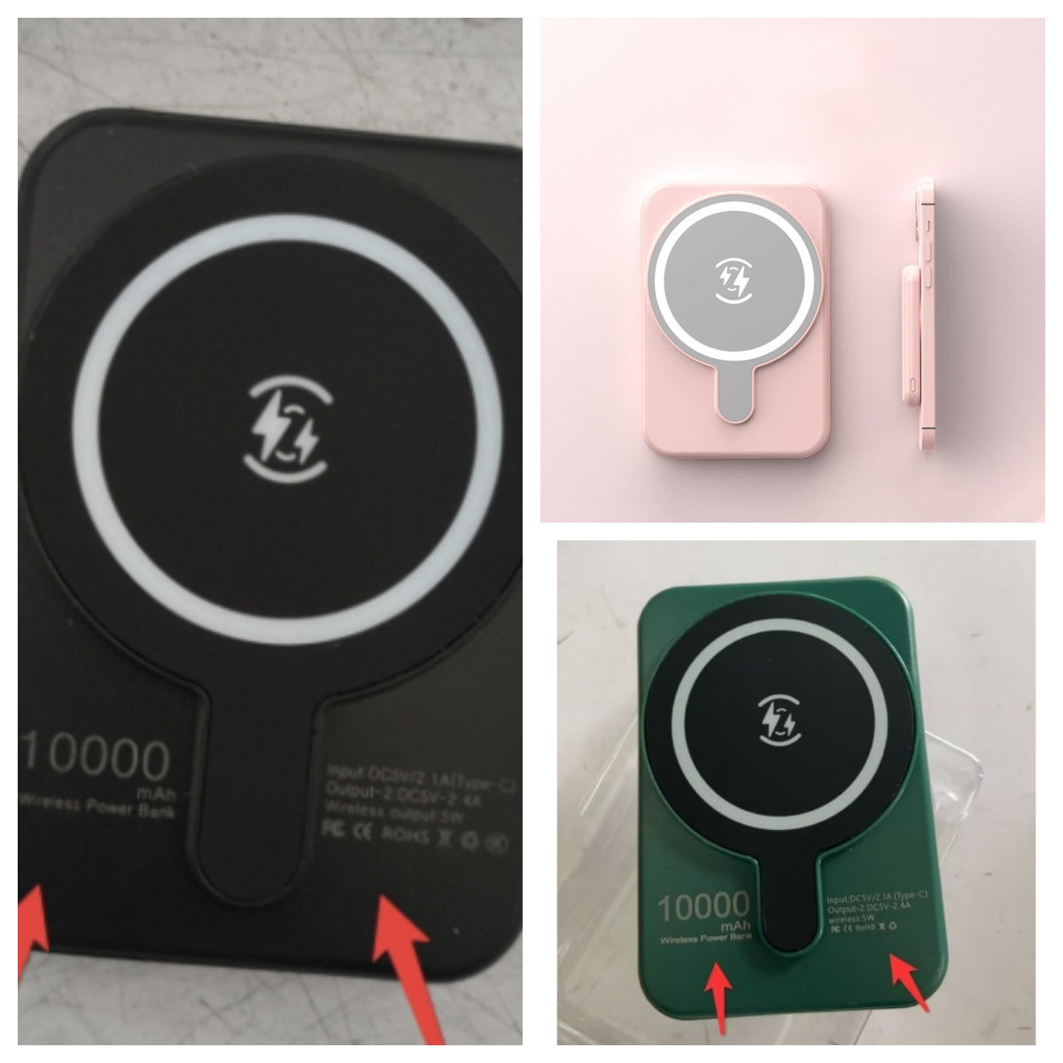 Mini magnetic wireless power bank set, black close-up plus pink and green with charging puck.