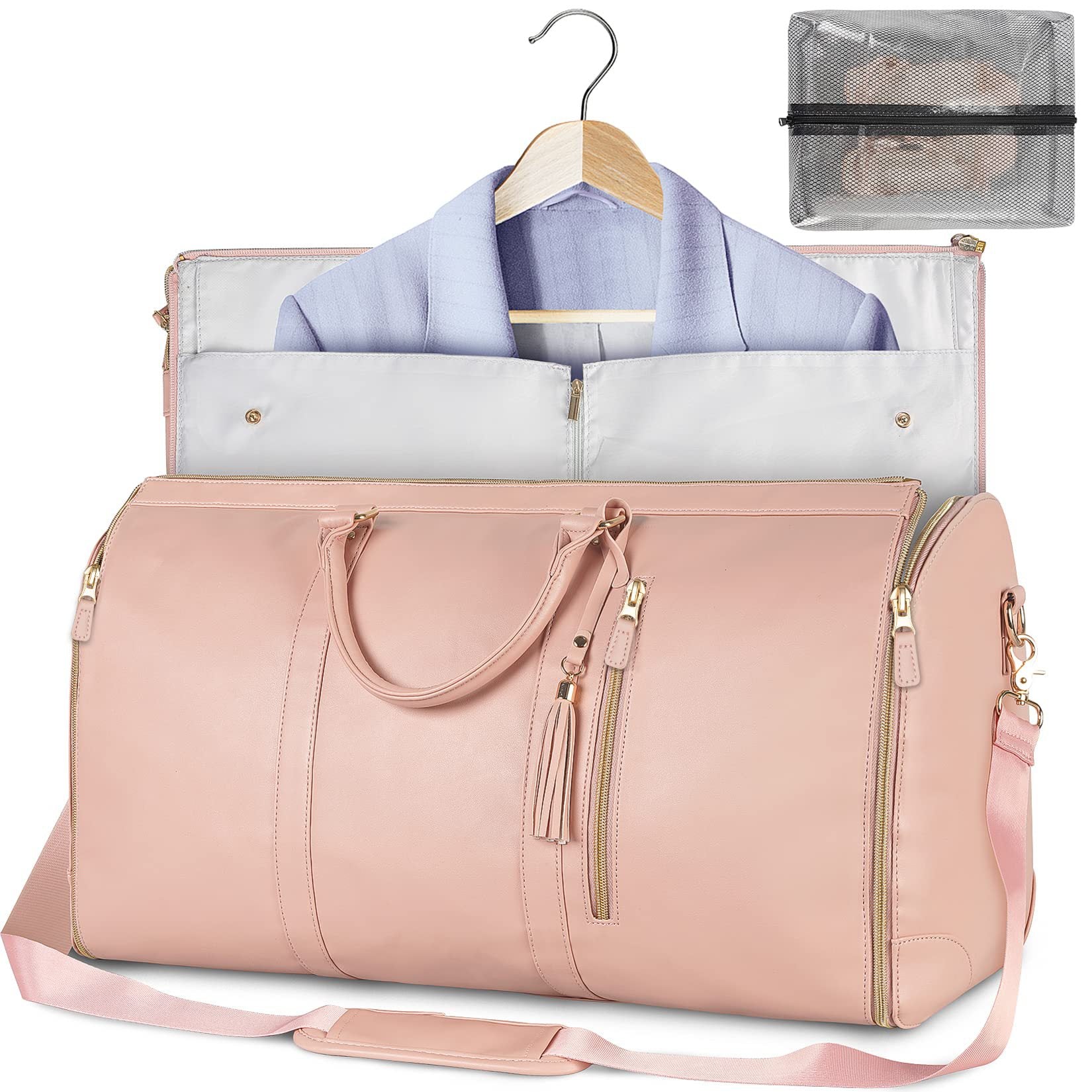 Blush pink travel duffle bag open with shirt on hanger and mesh storage pocket