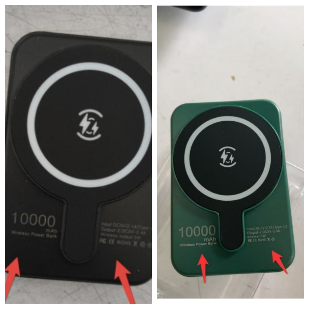 Mini magnetic wireless power bank, black and green, with Qi charging symbol, 10000mAh.