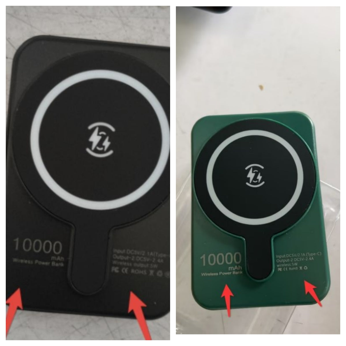 Mini magnetic wireless power bank, black and green, with Qi charging symbol, 10000mAh.