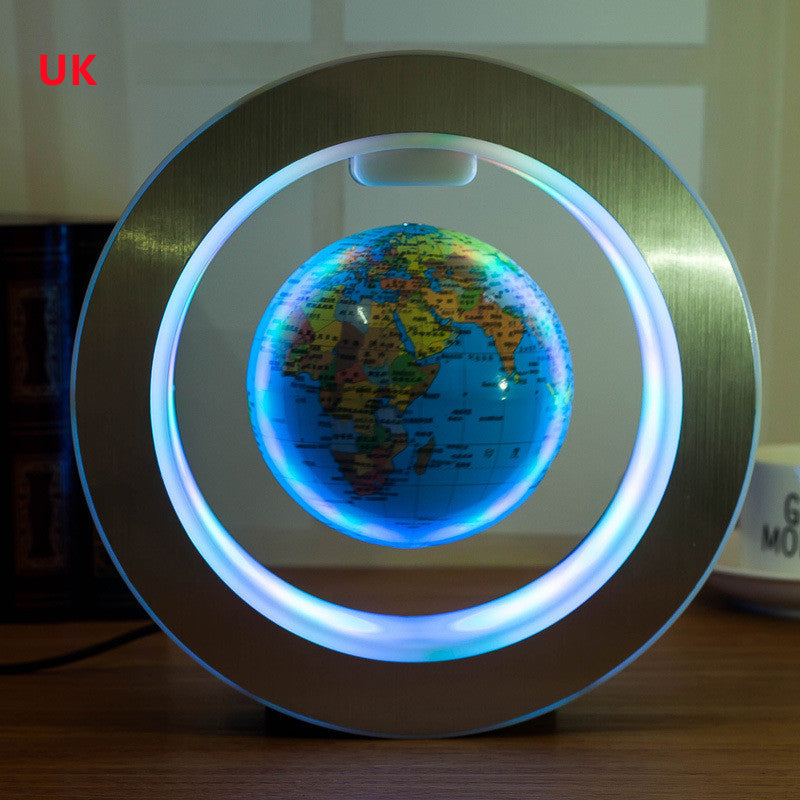 LED floating world map globe with blue oceans and colored land, circular light ring and base