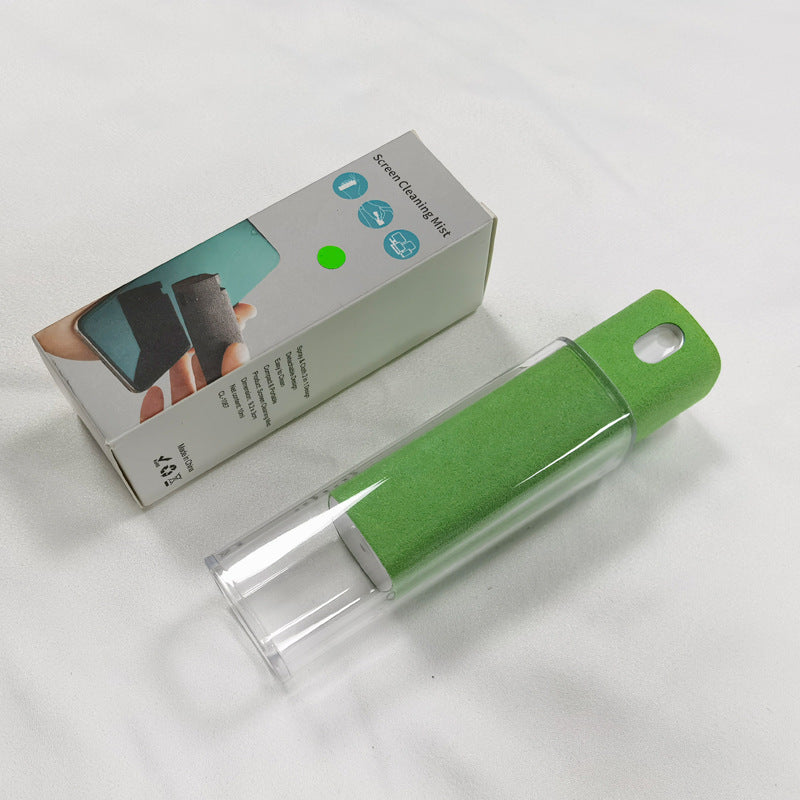 Portable screen cleaner set, green cloth cleaner in clear tube storage.