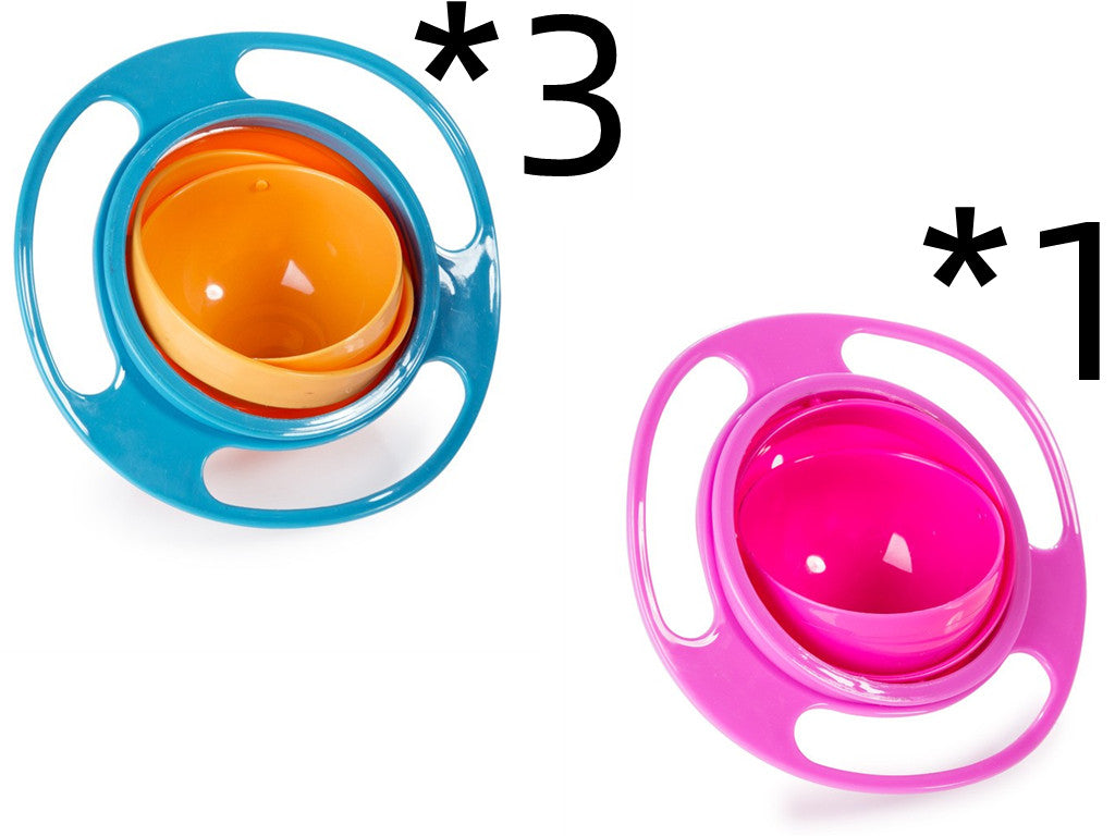 Rotating spill-proof bowl dish set: blue with orange bowl, pink with magenta bowl