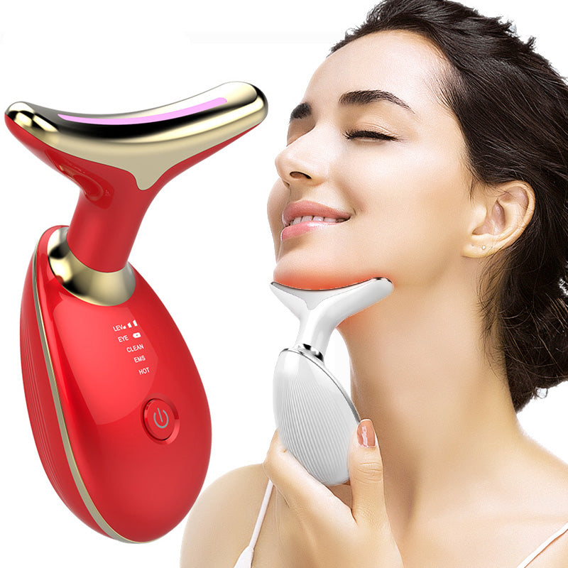 Red EMS neck massager used on face and neck area, with pink LED strip