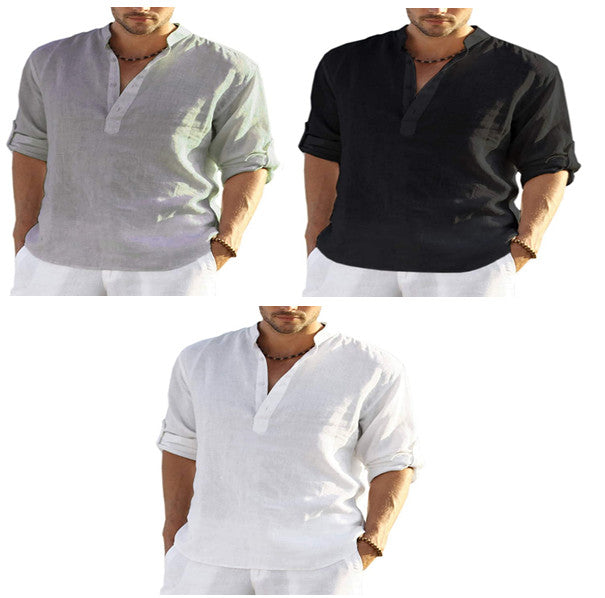 Men's casual long sleeve stand-collar shirt shown in gray, black, and white