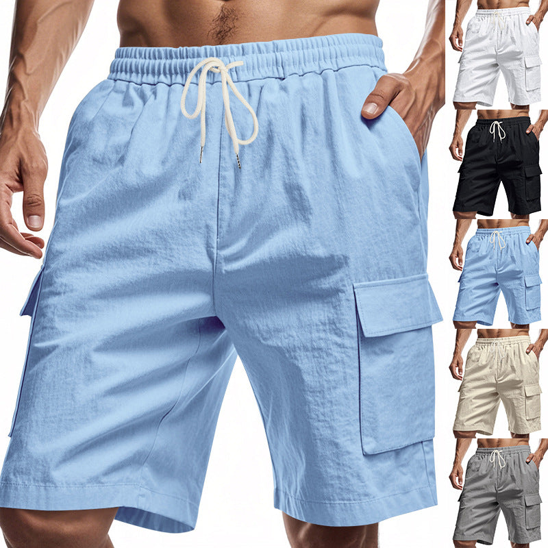 Light blue linen cargo shorts with elastic waistband and drawstring, side flap pockets