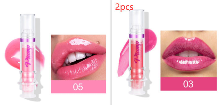 2-pack glossy lip color tubes with glossy pink shade 05 and berry shade 03 swatches