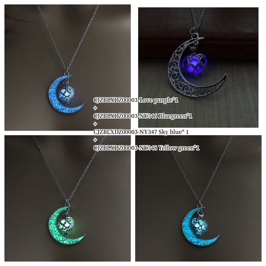 Glowing moon pendant necklaces on silver chains shown in multiple colors