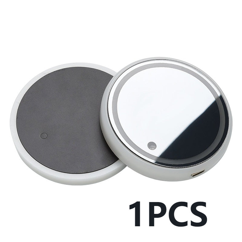 Gray LED light-up coaster with clear top, silver rim, and visible USB port