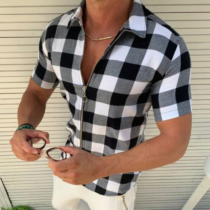 Men's black-and-white plaid short-sleeve zip shirt, front view