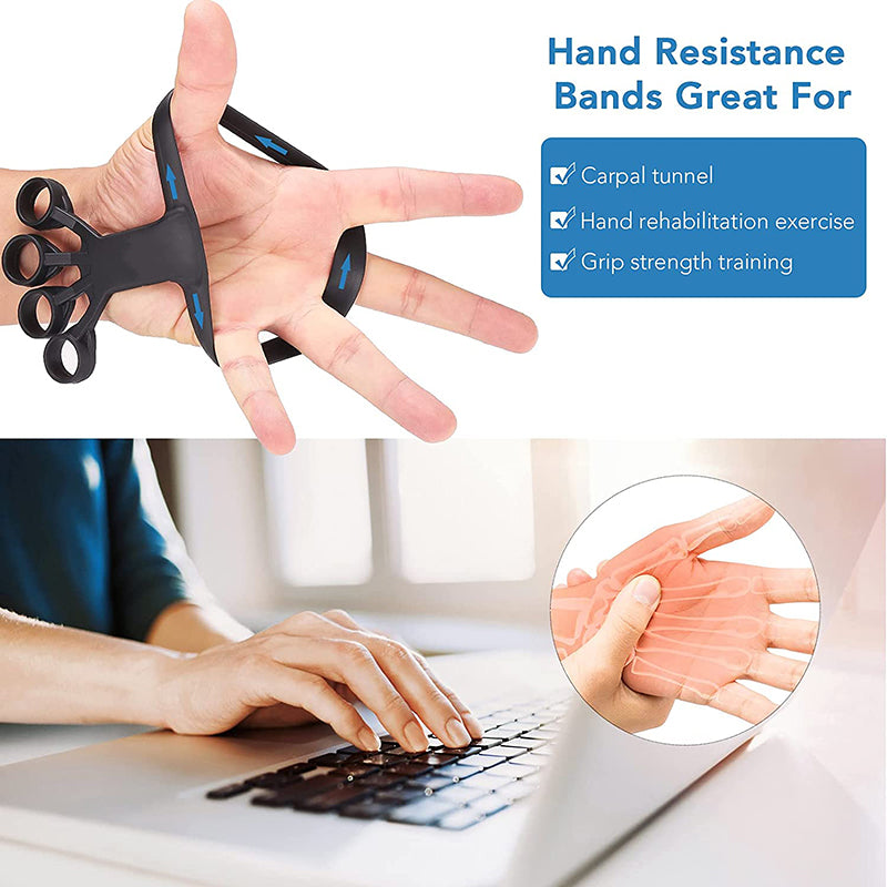 Hand resistance finger band stretcher on open hand with black loops and blue markings