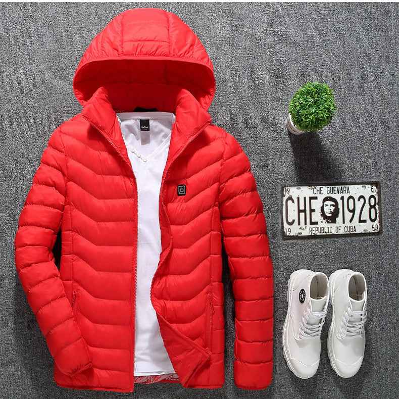Red hooded zip-up puffer heated jacket with front zipper and small logo badge.