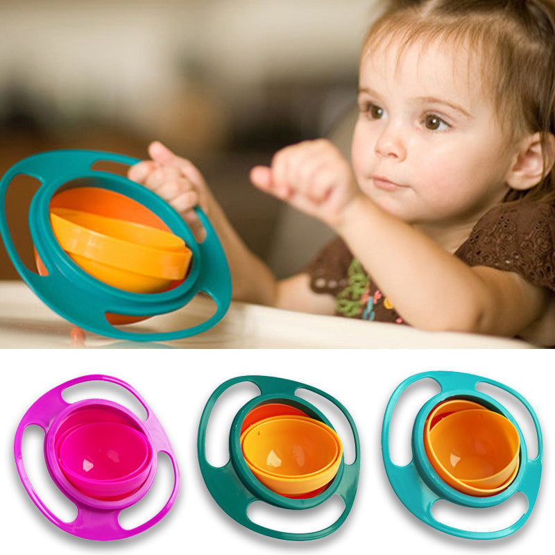 Rotating spill-proof bowl set: purple, teal/green, and teal bowls with orange inserts
